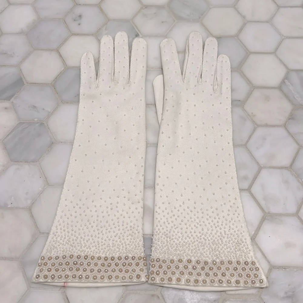 Vintage 50-60’s Faux Pearl Ivory Cotton Gloves British Hong Kong Women’s Size S
